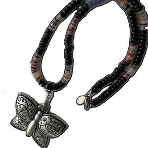 Vintage Butterfly Fashion Pendant Multicolor Semi Gemstone Beaded Necklace 18"